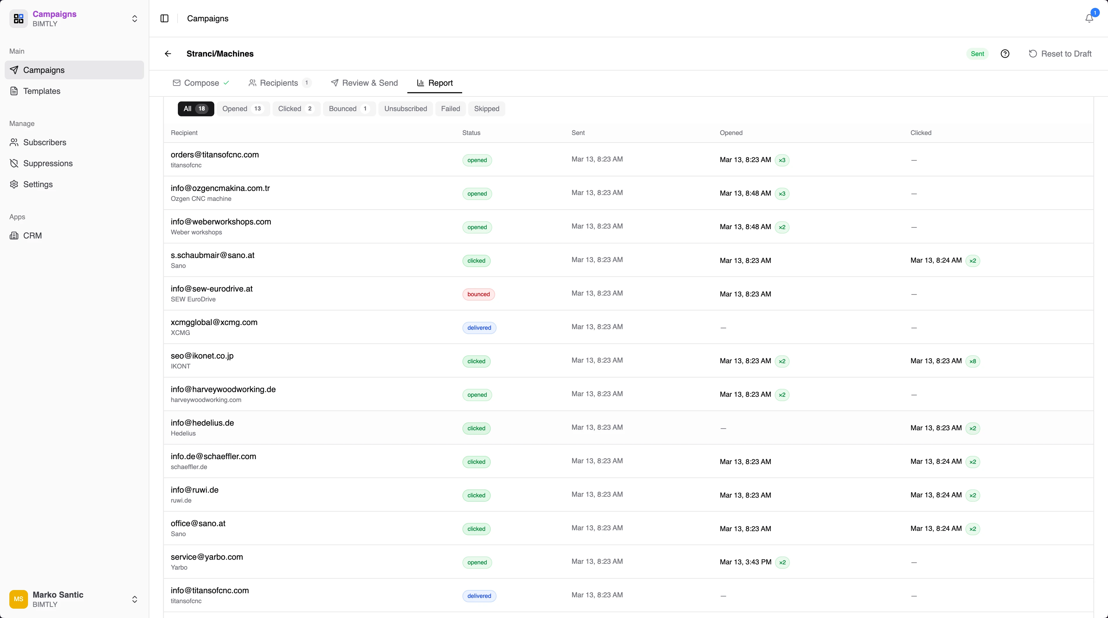 Recipient delivery report with status tracking