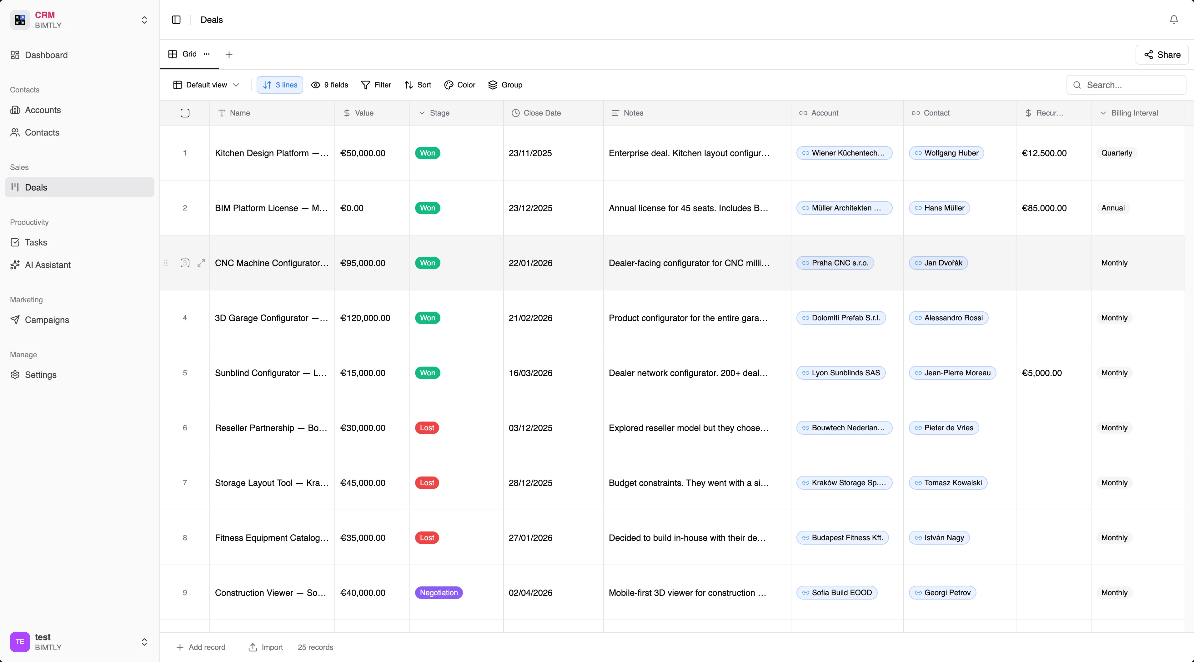 Deals list with status tracking