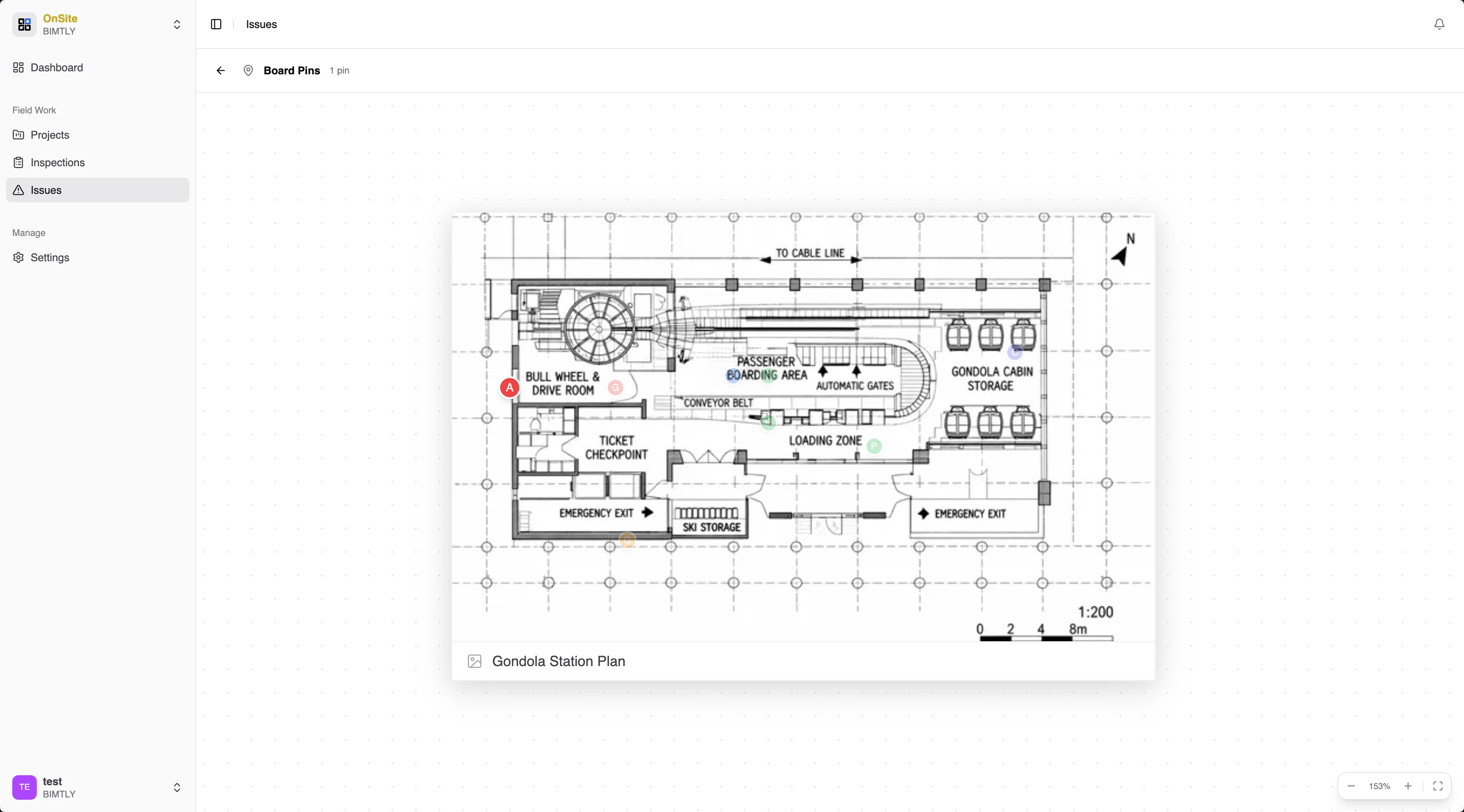 Floor plan with annotation pins and structural details