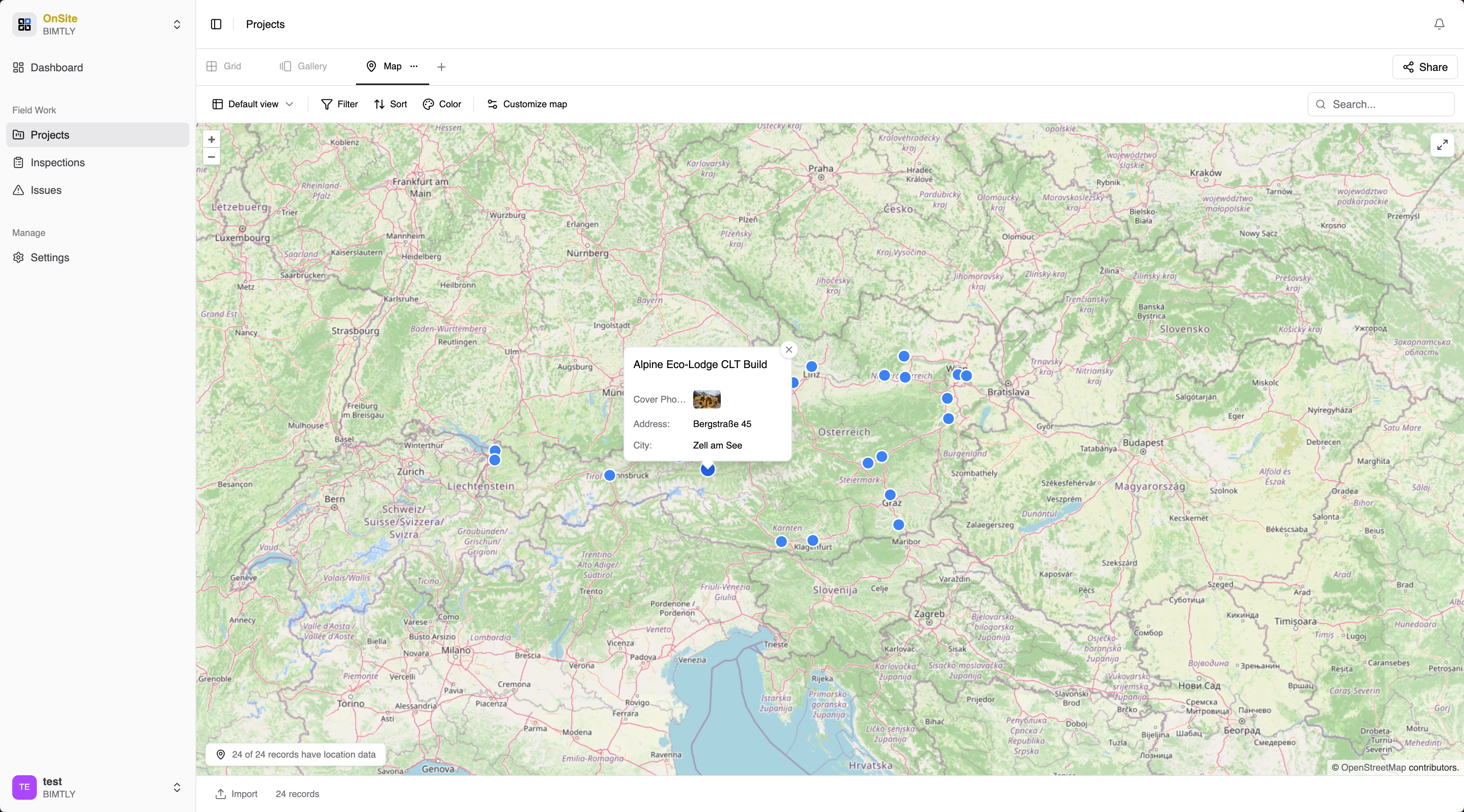 Project locations map with status markers
