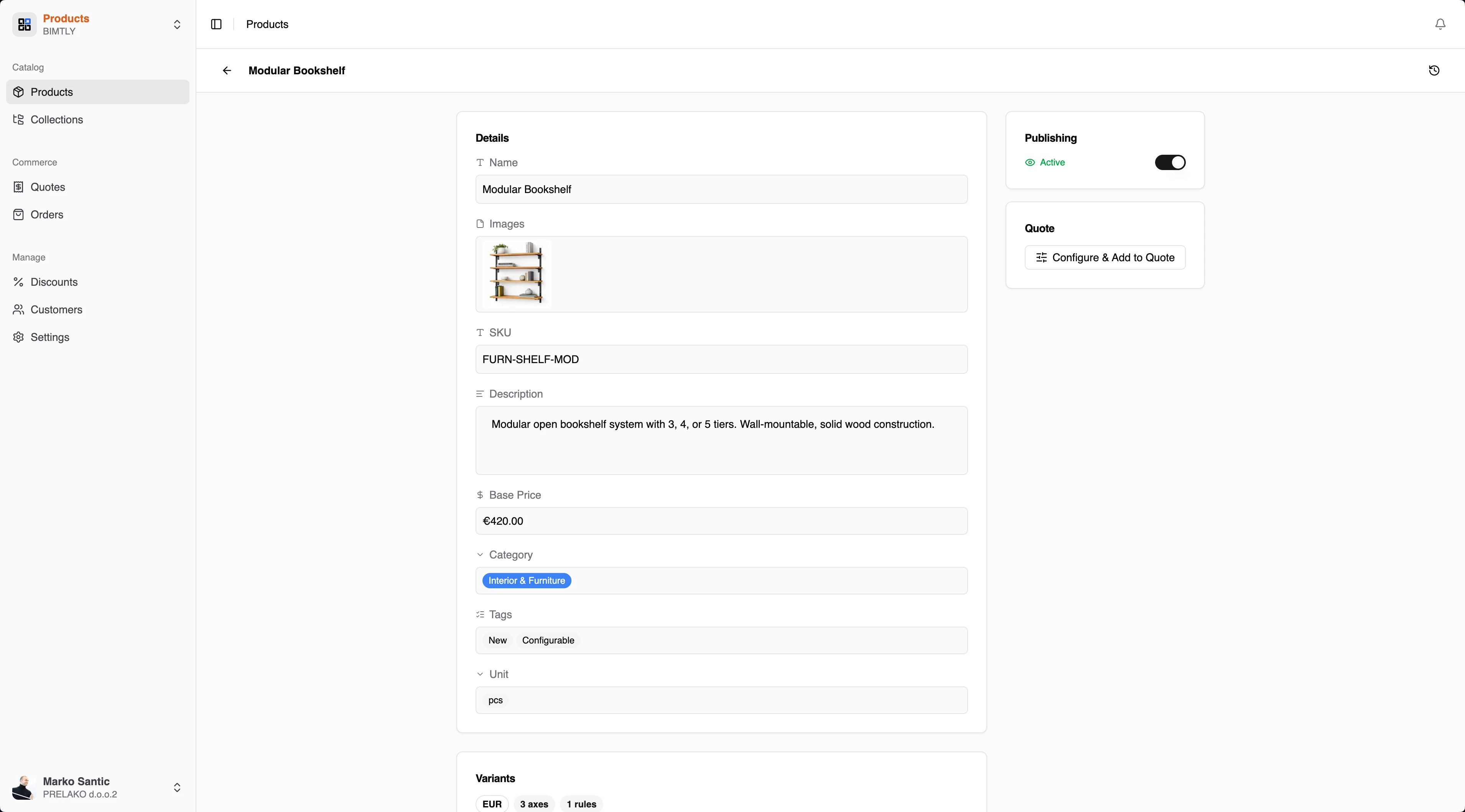 Product details editor for a Modular Bookshelf