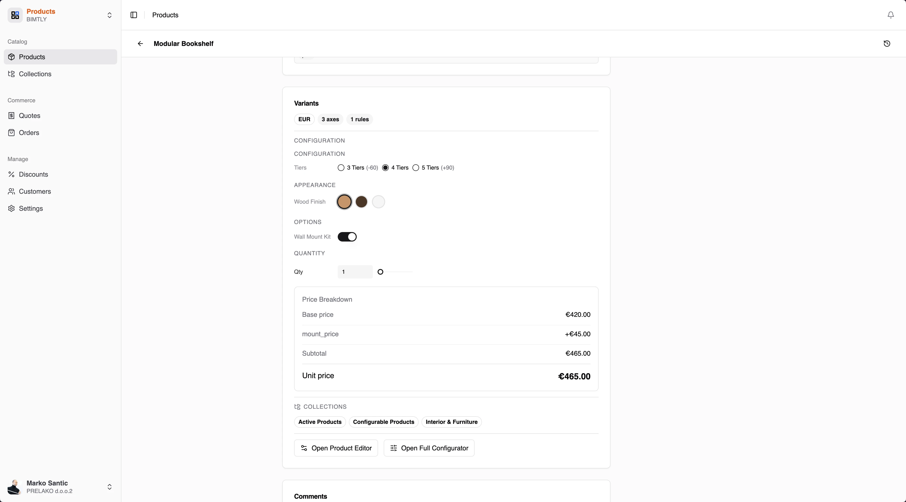 Product configurator with variant options and price breakdown
